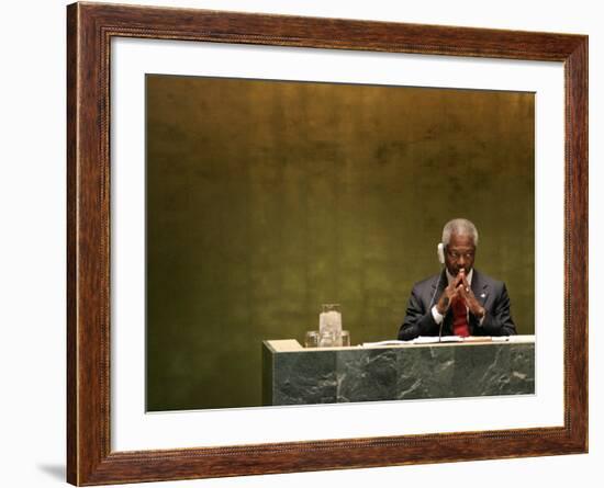 United Nations Secretary General Kofi Annan Listens to Statements Made by Members-Julie Jacobson-Framed Photographic Print