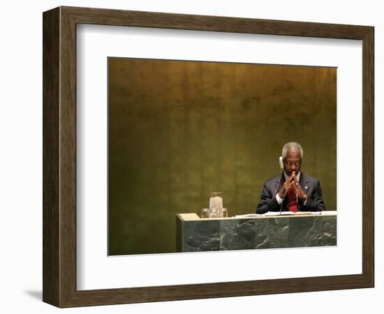 United Nations Secretary General Kofi Annan Listens to Statements Made by Members-Julie Jacobson-Framed Photographic Print