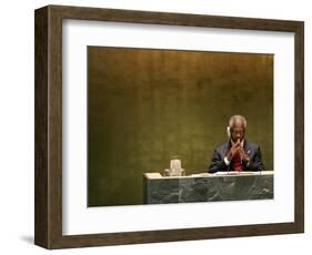 United Nations Secretary General Kofi Annan Listens to Statements Made by Members-Julie Jacobson-Framed Photographic Print