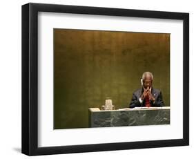 United Nations Secretary General Kofi Annan Listens to Statements Made by Members-Julie Jacobson-Framed Photographic Print