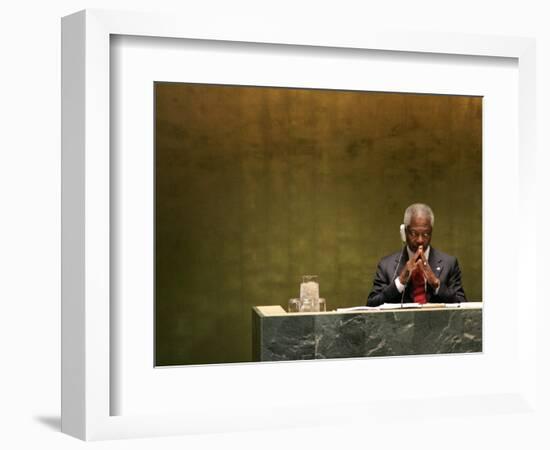 United Nations Secretary General Kofi Annan Listens to Statements Made by Members-Julie Jacobson-Framed Photographic Print