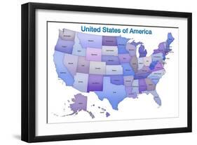 United States of America Map USA Blue Tonal Art Poster Print-null-Framed Art Print