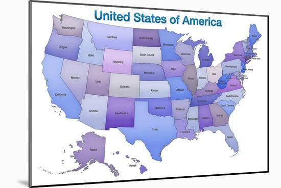 United States of America Map USA Blue Tonal Art Poster Print-null-Mounted Art Print