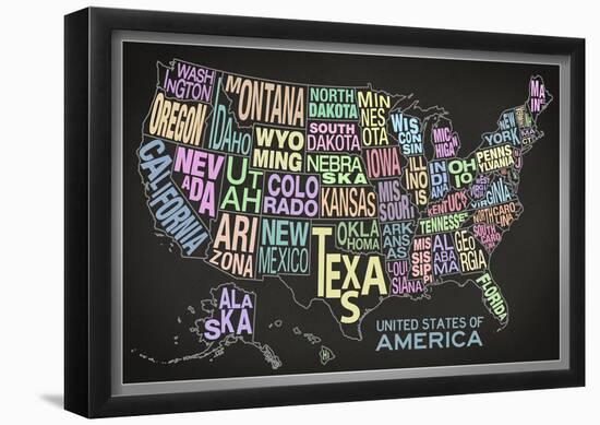 United States of America Stylized Text Map (Black)-null-Framed Poster