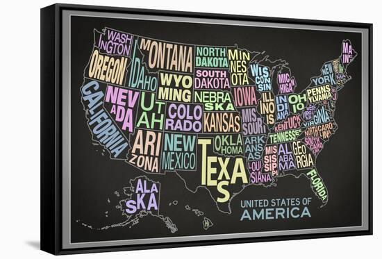 United States of America Stylized Text Map (Black)-null-Framed Stretched Canvas