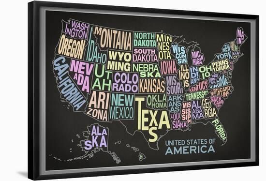 United States of America Stylized Text Map (Black)-null-Framed Poster