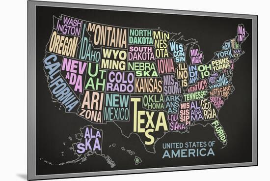 United States of America Stylized Text Map (Black)-null-Mounted Art Print