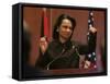 United States Secretary of State Condoleezza Rice Gestures at a News Conference-null-Framed Stretched Canvas