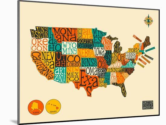 United States Typographic Map-Jazzberry Blue-Mounted Art Print