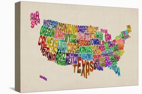 United States Typography Text Map-Michael Tompsett-Stretched Canvas