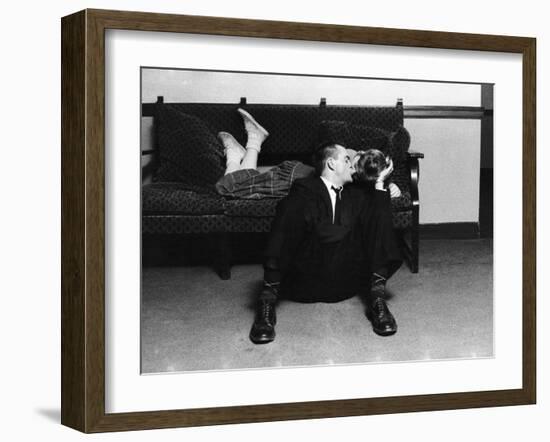 University of Michigan Student Couple Engaged in an Impromptu Kiss in the Union Building on Campus-Grey Villet-Framed Photographic Print