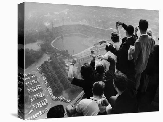 University of Pittsburgh Students Cheering Wildly from Atop Cathedral of Learning, School's Campus-George Silk-Stretched Canvas