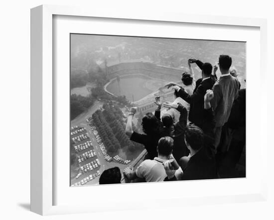 University of Pittsburgh Students Cheering Wildly from Atop Cathedral of Learning, School's Campus-George Silk-Framed Photographic Print