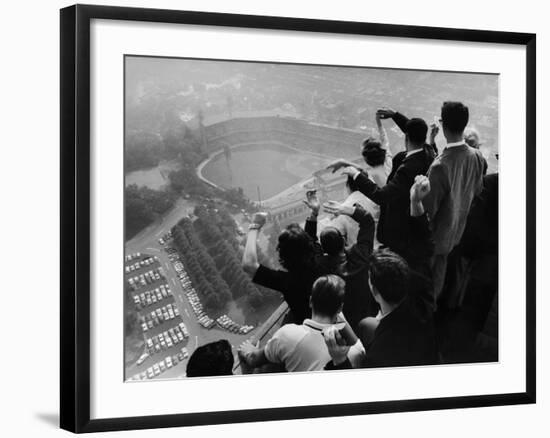 University of Pittsburgh Students Cheering Wildly from Atop Cathedral of Learning, School's Campus-George Silk-Framed Photographic Print