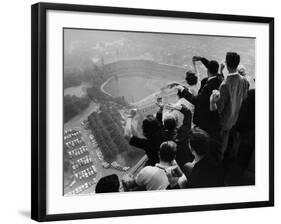 University of Pittsburgh Students Cheering Wildly from Atop Cathedral of Learning, School's Campus-George Silk-Framed Photographic Print