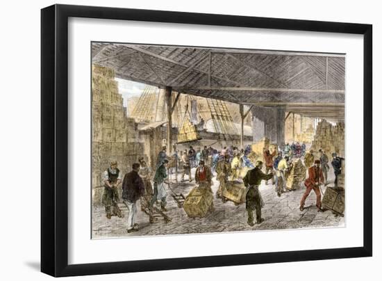 Unloading Tea-Ships in the British East India Company's Docks, London, c.1860-null-Framed Giclee Print