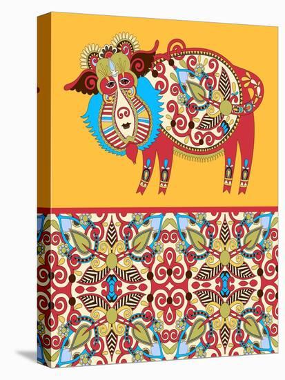 Unusual Ukrainian Traditional Tribal Art in Karakoko Style, Folk Ethnic Animal - Wild Boar with Sea-karakotsya-Stretched Canvas