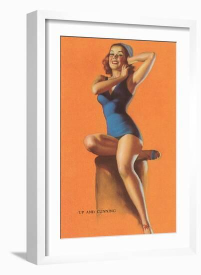 Up and Cunning, Blue Bathing Suit-null-Framed Art Print