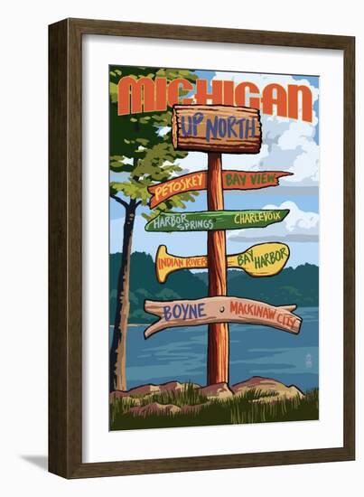 Up North, Michigan - Sign Destinations-Lantern Press-Framed Art Print