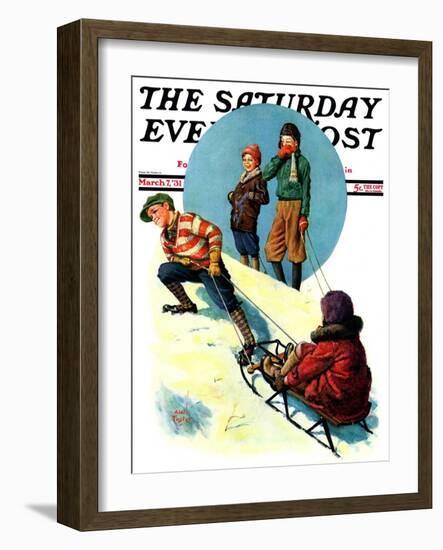 "Uphill Sledding," Saturday Evening Post Cover, March 7, 1931-Alan Foster-Framed Giclee Print