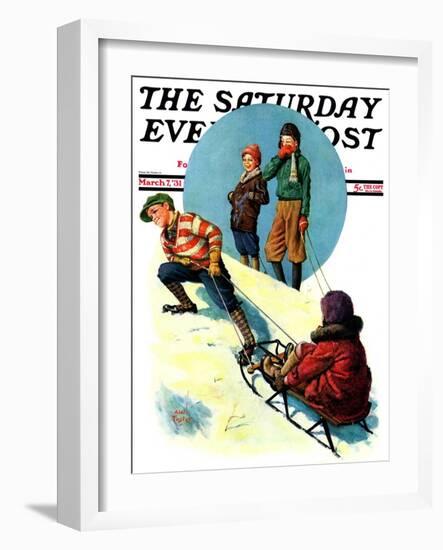 "Uphill Sledding," Saturday Evening Post Cover, March 7, 1931-Alan Foster-Framed Premium Giclee Print