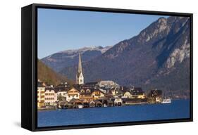 Upper Austria, Salzkamergut, Hallstatt, town view, dawn-Walter Bibikow-Framed Stretched Canvas