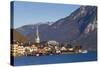 Upper Austria, Salzkamergut, Hallstatt, town view, dawn-Walter Bibikow-Stretched Canvas