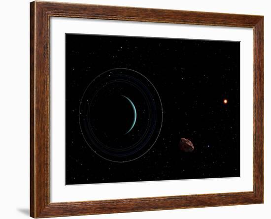 Uranus and Most of its Nine Major Rings Along with the Distant Sun and an Inner Satellite-null-Framed Photographic Print