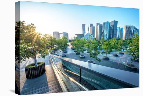 Urban Jungle, Modern Hangzhou Jianggan Cityscape on a Beautiful Day, Hangzhou, Zhejiang, China-Andreas Brandl-Stretched Canvas