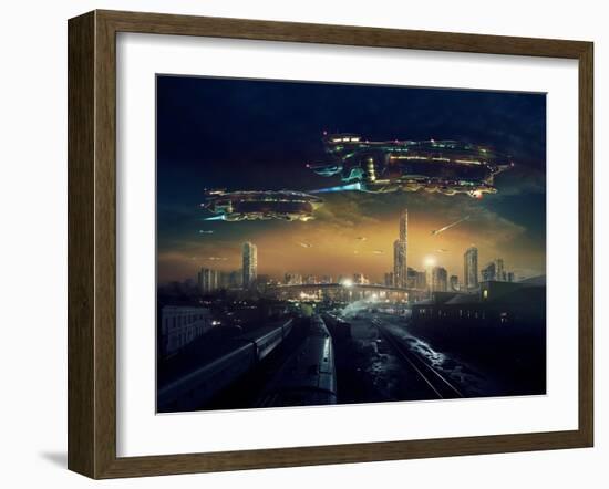 Urban Landscape of Post Apocalyptic Future with Flying Spaceships or Life after a Global War. Digit-Rustic-Framed Art Print