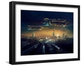 Urban Landscape of Post Apocalyptic Future with Flying Spaceships or Life after a Global War. Digit-Rustic-Framed Art Print