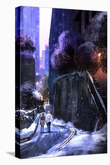 Urban Landscape with Couple Walking in the Snow,Digital Painting-Tithi Luadthong-Stretched Canvas