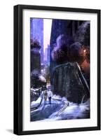 Urban Landscape with Couple Walking in the Snow,Digital Painting-Tithi Luadthong-Framed Art Print