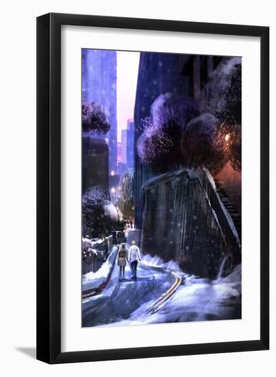 Urban Landscape with Couple Walking in the Snow,Digital Painting-Tithi Luadthong-Framed Art Print