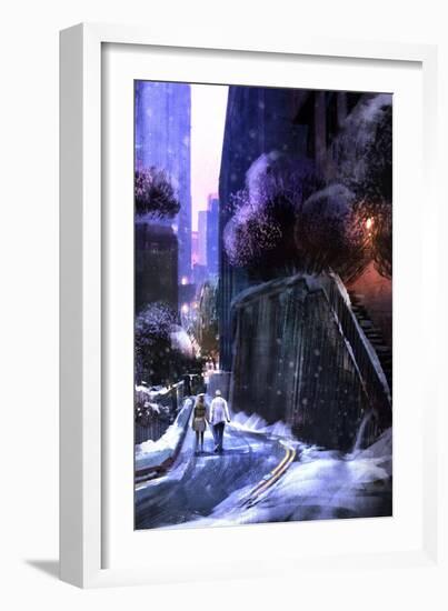 Urban Landscape with Couple Walking in the Snow,Digital Painting-Tithi Luadthong-Framed Art Print