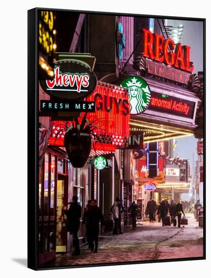 Urban Night Street Scene in Times Square in Snow in Winter-Philippe Hugonnard-Framed Stretched Canvas