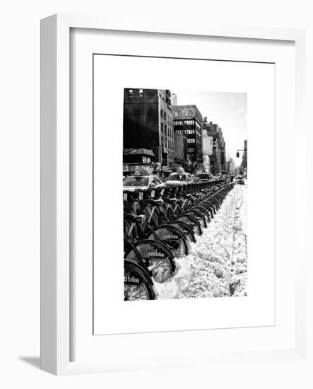 Urban Scene with NYC Citibike in the Snow in Winter-Philippe Hugonnard-Framed Art Print