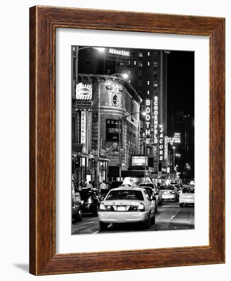 Urban Scene with Yellow Cab by Night at Times Square, Manhattan, NYC, Black and White Photography-Philippe Hugonnard-Framed Photographic Print