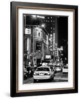 Urban Scene with Yellow Cab by Night at Times Square, Manhattan, NYC, Black and White Photography-Philippe Hugonnard-Framed Photographic Print