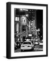 Urban Scene with Yellow Cab by Night at Times Square, Manhattan, NYC, Black and White Photography-Philippe Hugonnard-Framed Photographic Print