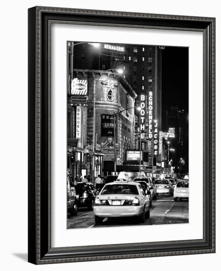 Urban Scene with Yellow Cab by Night at Times Square, Manhattan, NYC, Black and White Photography-Philippe Hugonnard-Framed Photographic Print