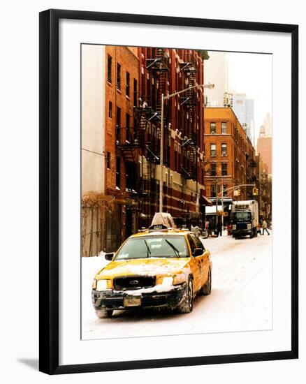 Urban Street Scene with a Yellow Taxi in Snow-Philippe Hugonnard-Framed Photographic Print