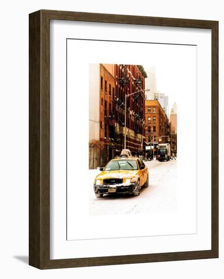 Urban Street Scene with a Yellow Taxi in Snow-Philippe Hugonnard-Framed Art Print