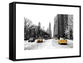 Urban Street Scene with a Yellow Taxi in Snow-Philippe Hugonnard-Framed Stretched Canvas