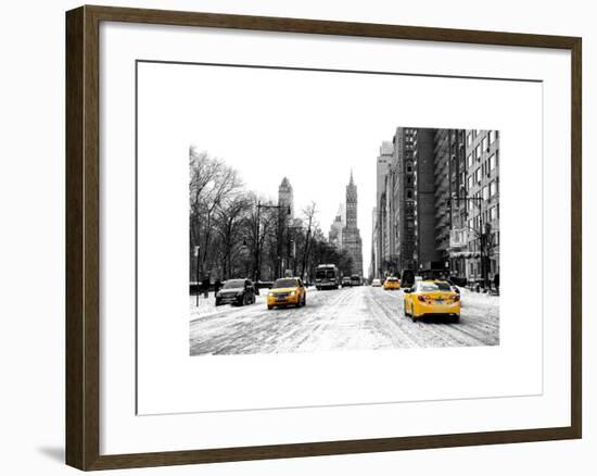 Urban Street Scene with a Yellow Taxi in Snow-Philippe Hugonnard-Framed Art Print