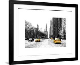 Urban Street Scene with a Yellow Taxi in Snow-Philippe Hugonnard-Framed Art Print