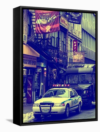 Urban Street Scene with NYC Sheriff Car in Fulton Street - Financial District - Manhattan-Philippe Hugonnard-Framed Stretched Canvas