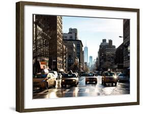 Urban Street Scene with NYC Yellow Taxis and the One World Trade Center of Manhattan in Winter-Philippe Hugonnard-Framed Photographic Print