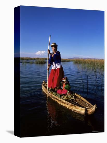 Uros Indian Woman and Traditional Reed Boat, Islas Flotantes, Lake Titicaca, Peru, South America-Gavin Hellier-Stretched Canvas