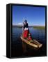 Uros Indian Woman and Traditional Reed Boat, Islas Flotantes, Lake Titicaca, Peru, South America-Gavin Hellier-Framed Stretched Canvas